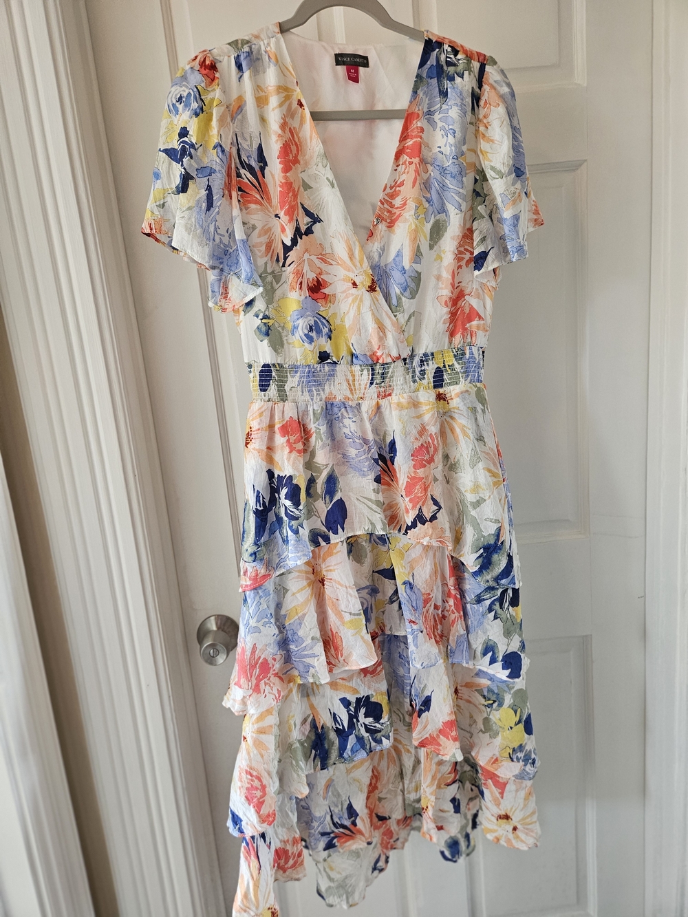 Vince Camuto White Floral Wrap Dress with Coral & Blue Accents
